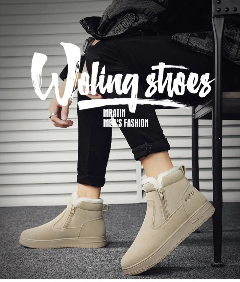 2025New Winter Men's Boots Fashion High-top Cotton Shoes Plush Warm Fur Snow Boots Suede Casual Ankle Boots for Men Botas Hombre