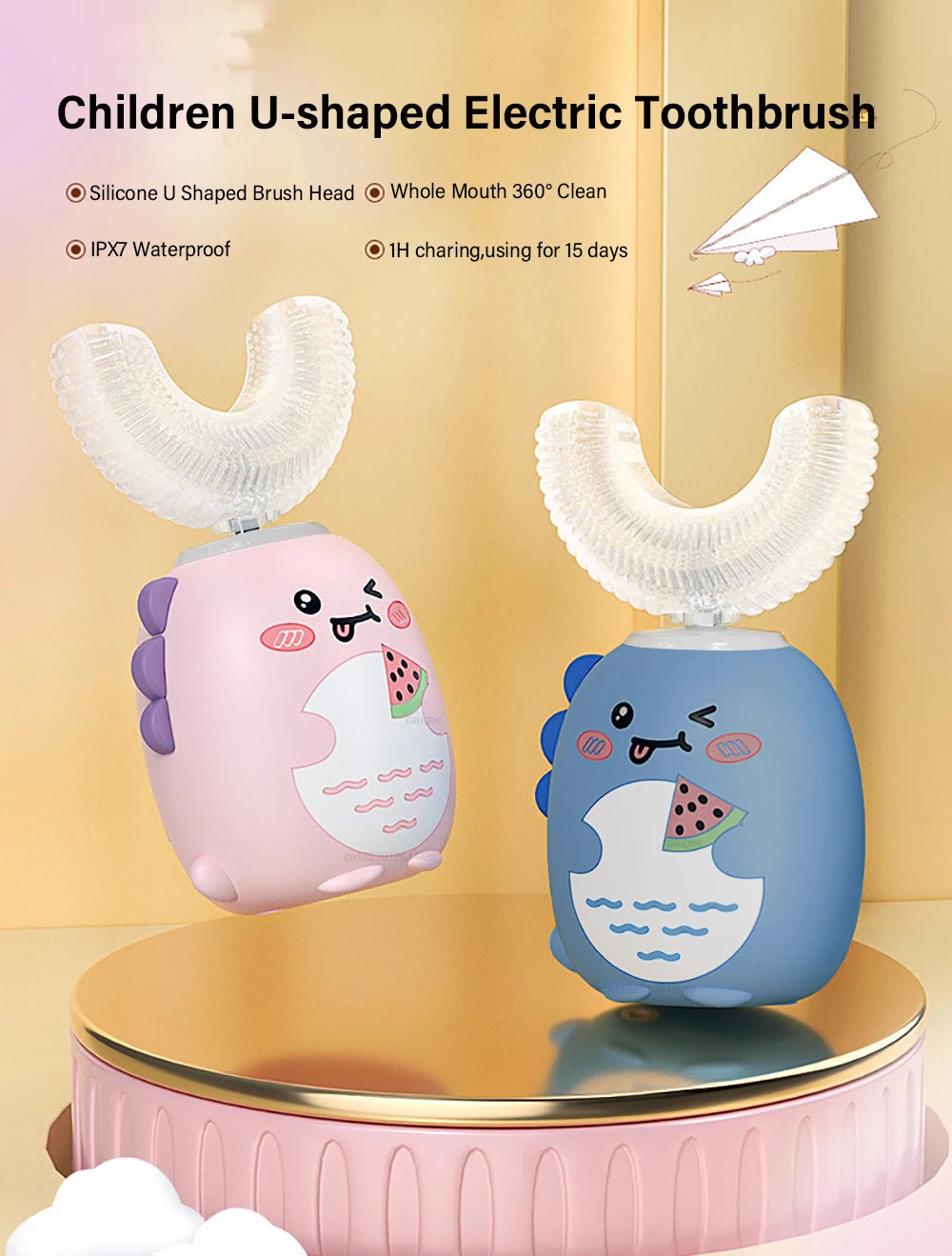 Children'S Electric Toothbrush 360° Sonic Electric Toothbrush Rechargeable Smart Toothbrush Blue Light IPX7 Toothbrush U-Shaped