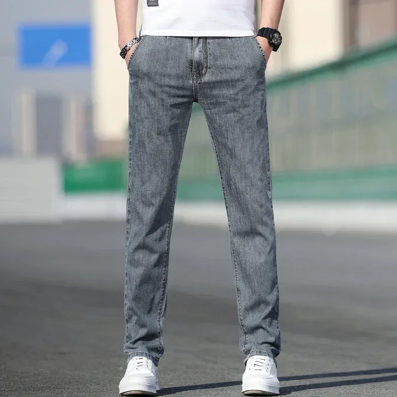 KUBRO 2024 Summer New Men's Loose Stretch Gray Jeans Fashion Casual Stretch Straight-leg Denim Pants Male Light Blue Brand