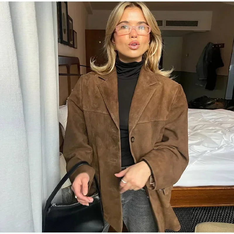 Boyfriend Brown Coat For Women Spring Turndown Collar Long Sleeve Female Jacket 2025 Fashion Loose Single-breasted Lady Coats