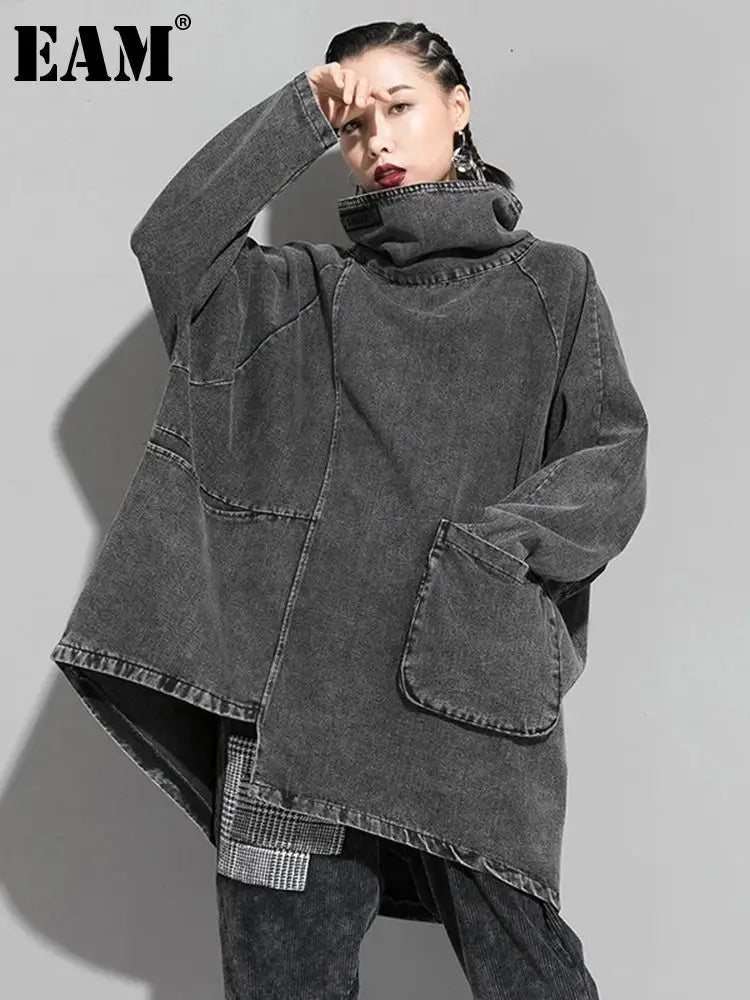 [EAM] Loose Fit Black Denim Big Size Sweatshirt New High Collar Long Sleeve Women Big Size Fashion Spring Autumn 2026 1K166