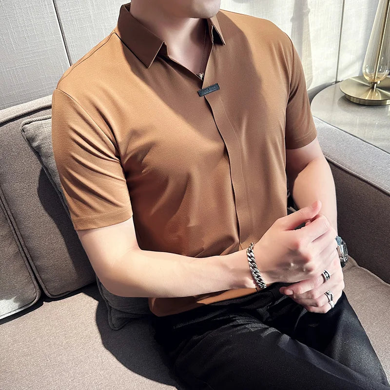 Luxury Purple Polo Shirts For Men High Quality Summer Short Sleeve Men's Polos Ice Silk Elastic Slim Fit Turn Down Collar Tees