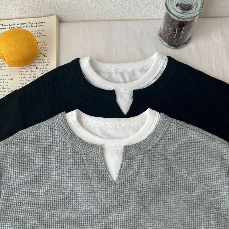 Babys Boys Waffle Grid Long Sleeved V-neck T-shirt Spring Autumn 2025 Pullover Cotton Hoodie Kids Handsome Fake Two Items Tops