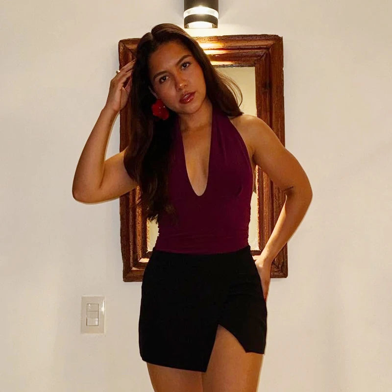 HXAO Halter Top Women Off Shoulder Deep V-Neck Crop Top y2k Sexy Backless Tank Top Street Style Casual Women's Summer Tops 2025