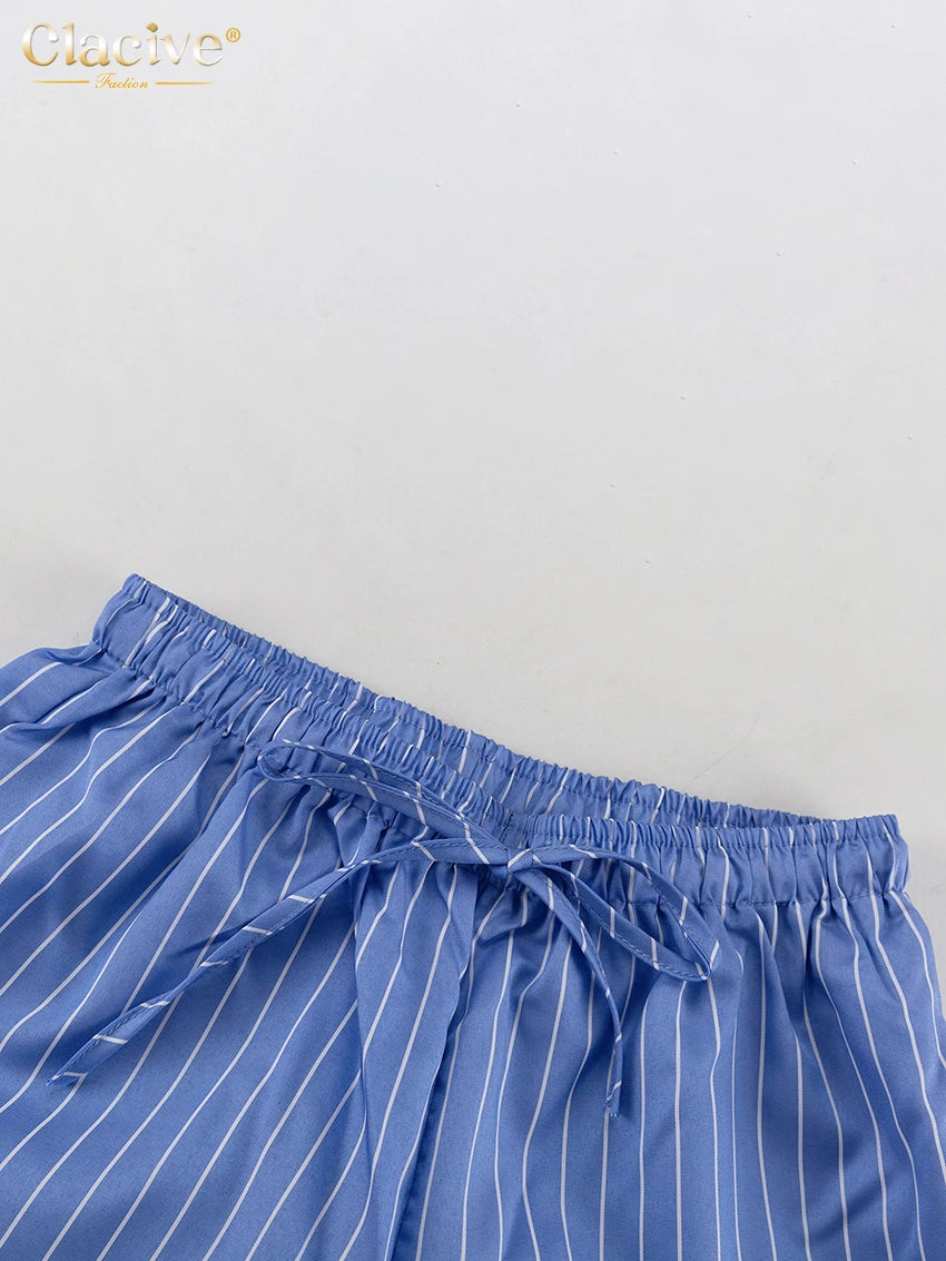 Clacive Summer Loose Blue Stripe 2 Piece Set Woman Outfit 2025 Fashion Sleeveless Tank Top With High Waist Wide Pants Set Female