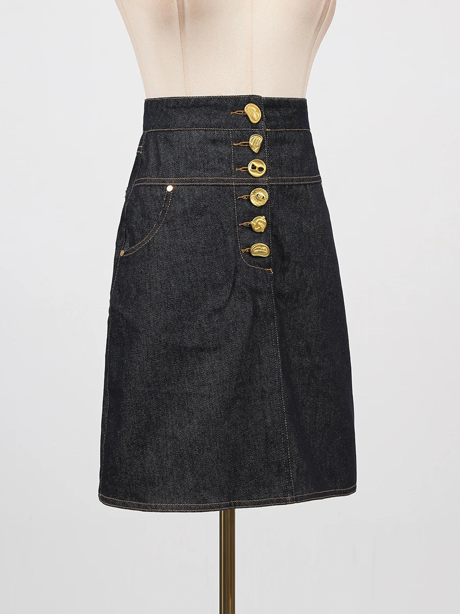 VGH Designer Solid Slimming Denim Skirts For Women High Waist Patchwork Button Spring Temperament Skirt Female Fashion Style New