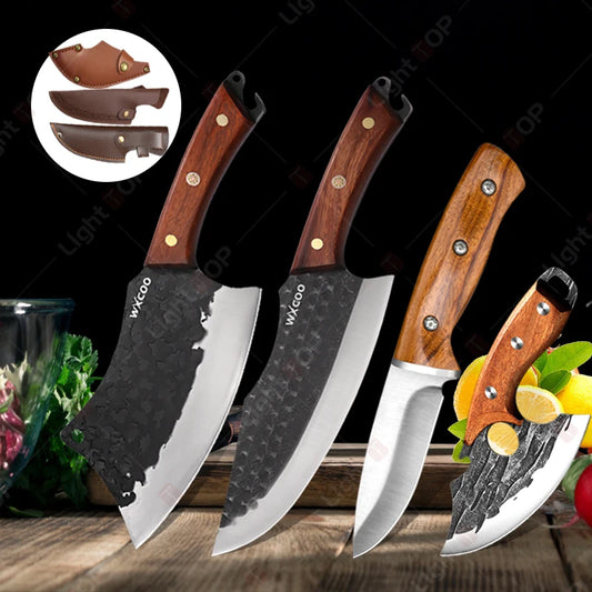 Kitchen Knife Supplies Forged Butcher Knife Fruit Slicing Bottle Opener Knife Multipurpose BBQ Cooking Chef Knife Wood Handle