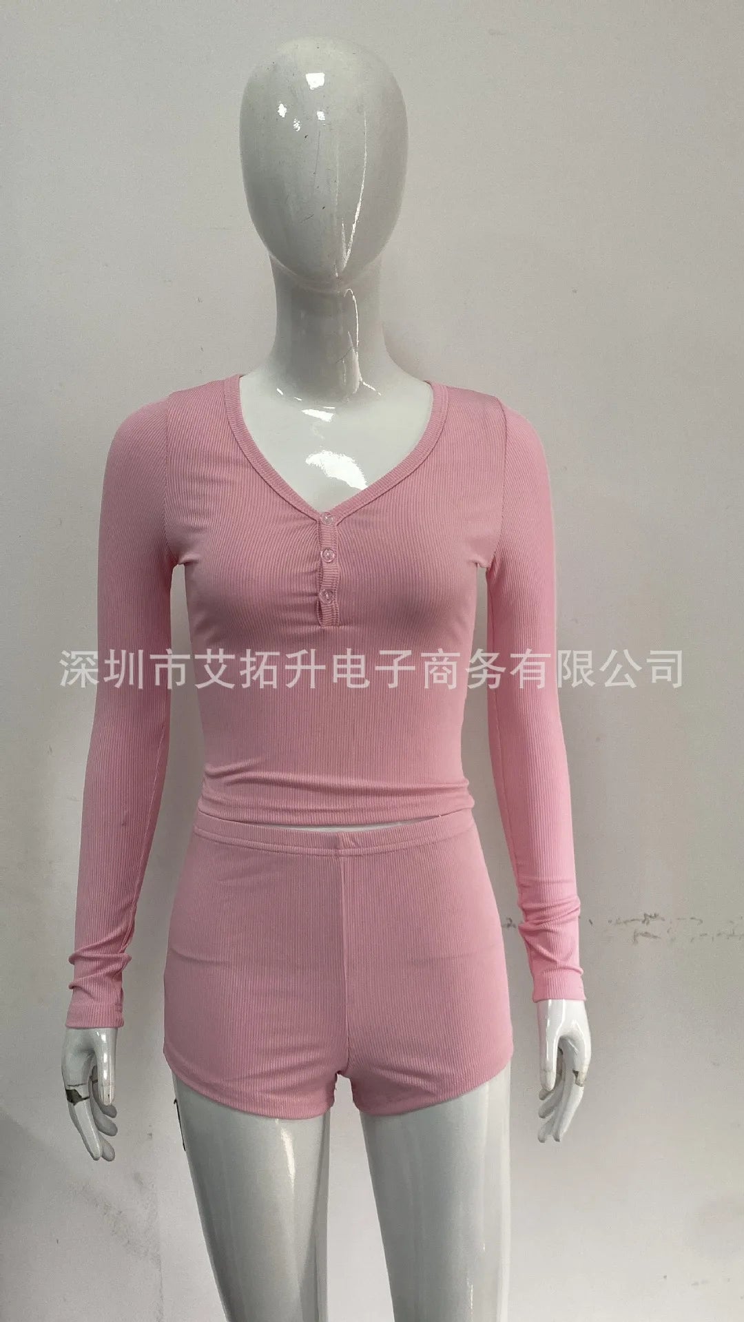 2025 Women 2 Piece Pajamas Shorts Set Long Sleeve V Neck Button Down Cropped Tops Sexy Bodycon Shorts Loungewear Clothes Females