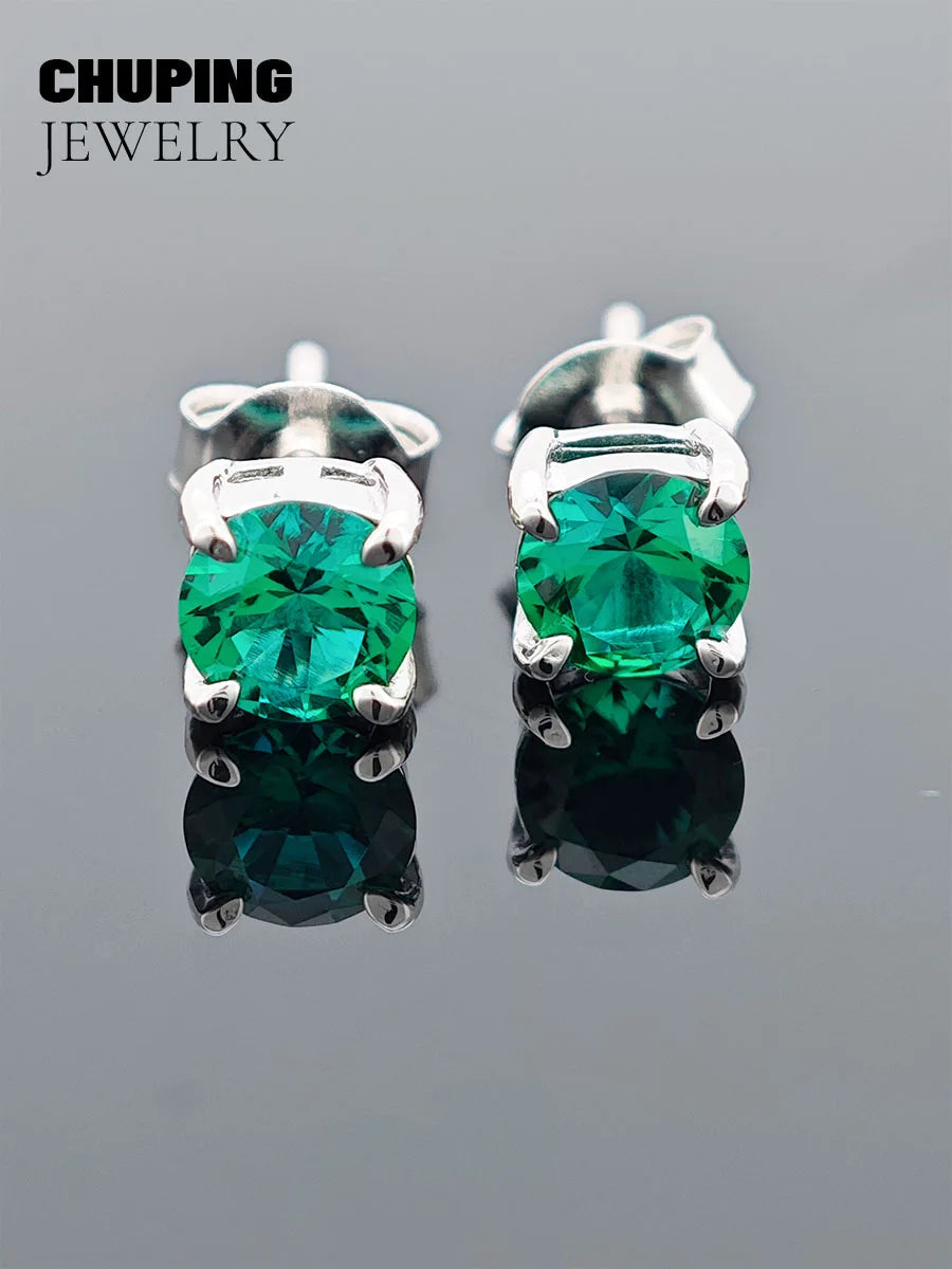 ChuPing Fine Jewelry Lab Grown Emerald Round Shape S925 Silver Earring for Women Evening Party Valentine's Day Or Birthday Gift