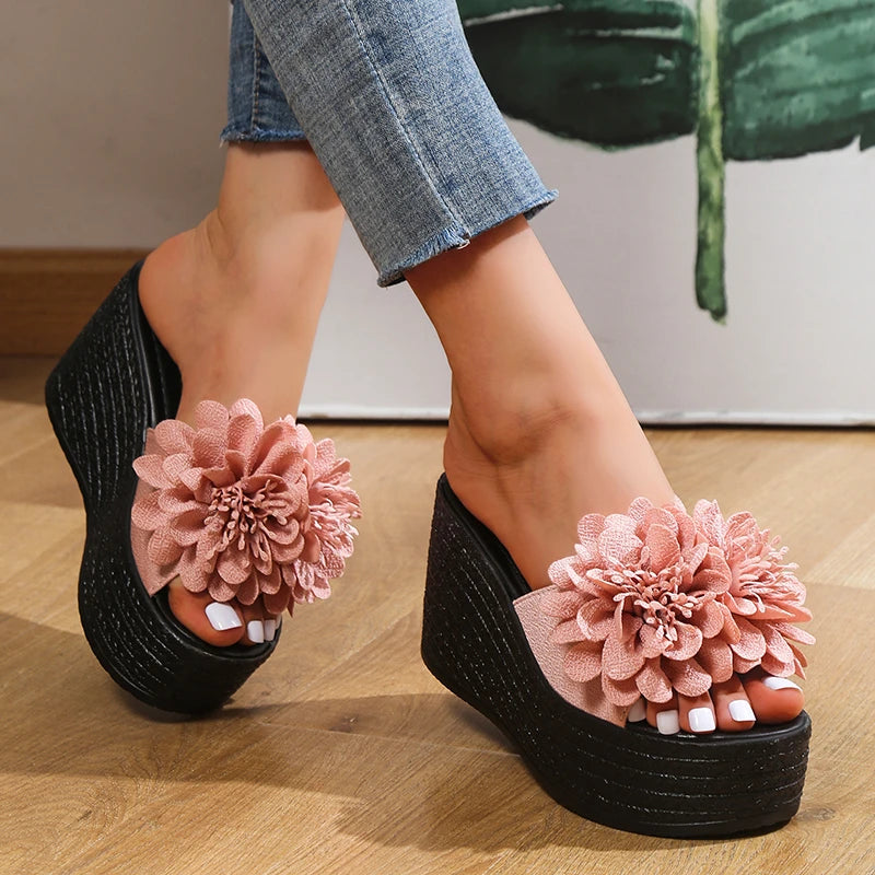 2025 Wedges Sandals Women Slippers Summer Beach Platform Shoes Flower Slippers Women High Heel Slippers Women Fashion