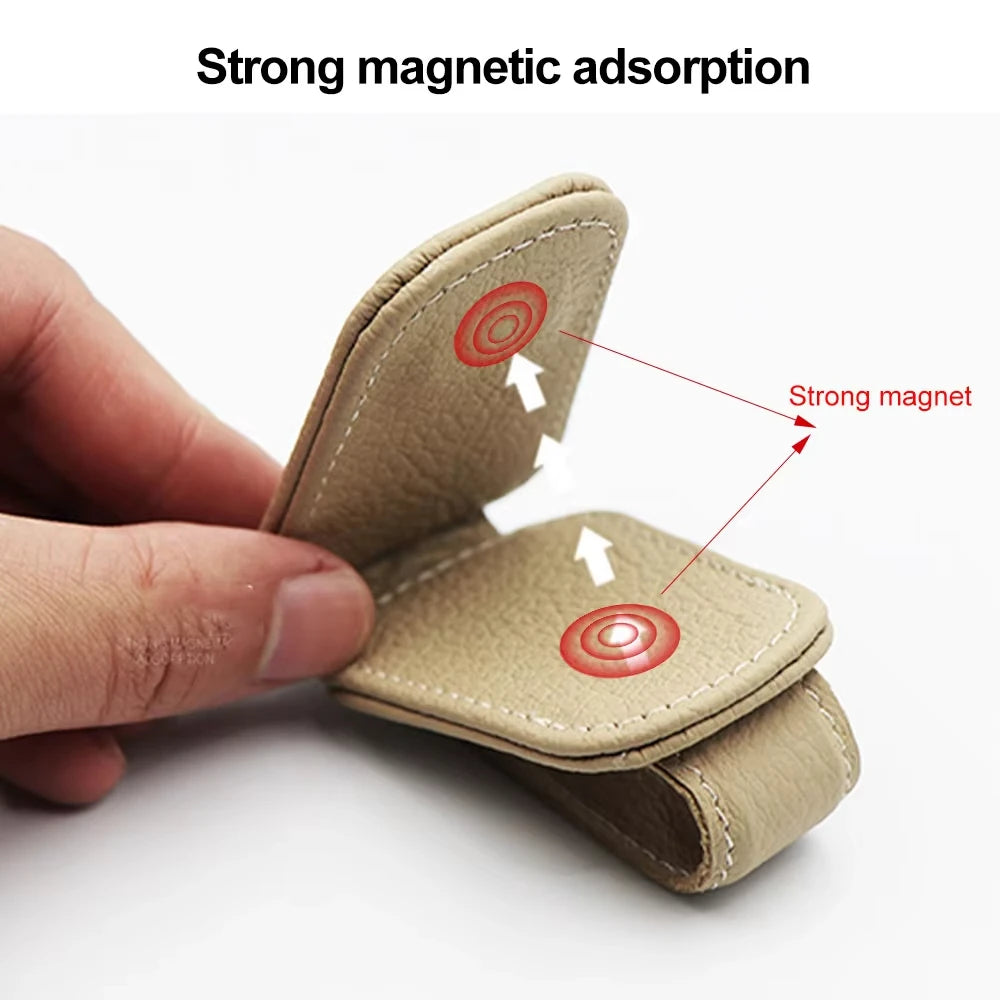 1pcs Universal Car Sunglasses Holder Multi-Functional Ticket Portable Bracket Magnetic Oxhide Sunshade Storage Boxs Auto Parts ﻿
