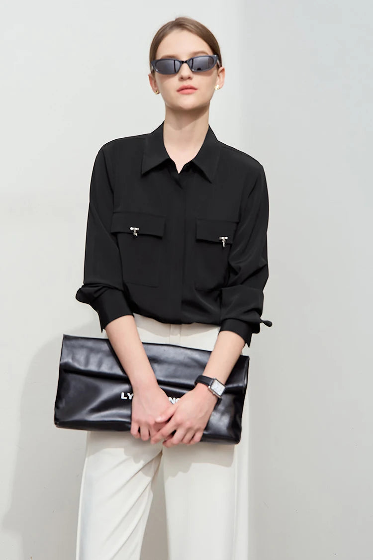 AMII Minimalist Chiffon Shirt Women 2025 Spring New Temperament Gentle Lapel Bamboo Work Pocket Concealed Button Tops 12521032