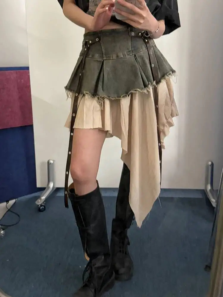 EAM Color-block Irregular Spliced High Elastic Waist A-line Mini Denim Skirt Women Fashion Tide New Spring Autumn 2026 30A3307