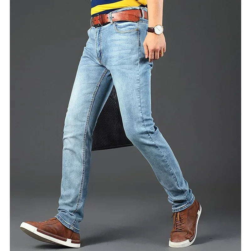 New Men Classic Casual Jeans Male Fashion Business Slim Straight Leg Trousers Stretch Denim Fabric Pants