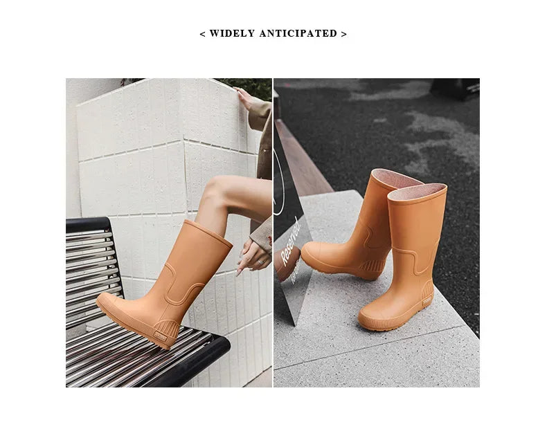 Women's High-Top Rain Boots Spring Autumn Waterproof Slip-Resistant Long Tube Shoes for Outdoor Work PVC Material Knee-High
