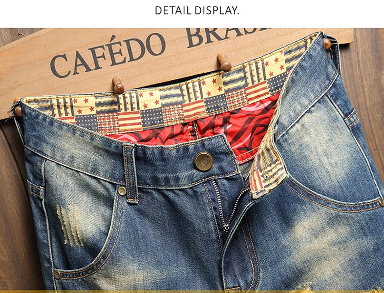 2025 Summer Ripped Denim Shorts Men's Loose Splicing Knee-length Casual Short Jeans Personality Streetwear Hip Hop Male Clothes