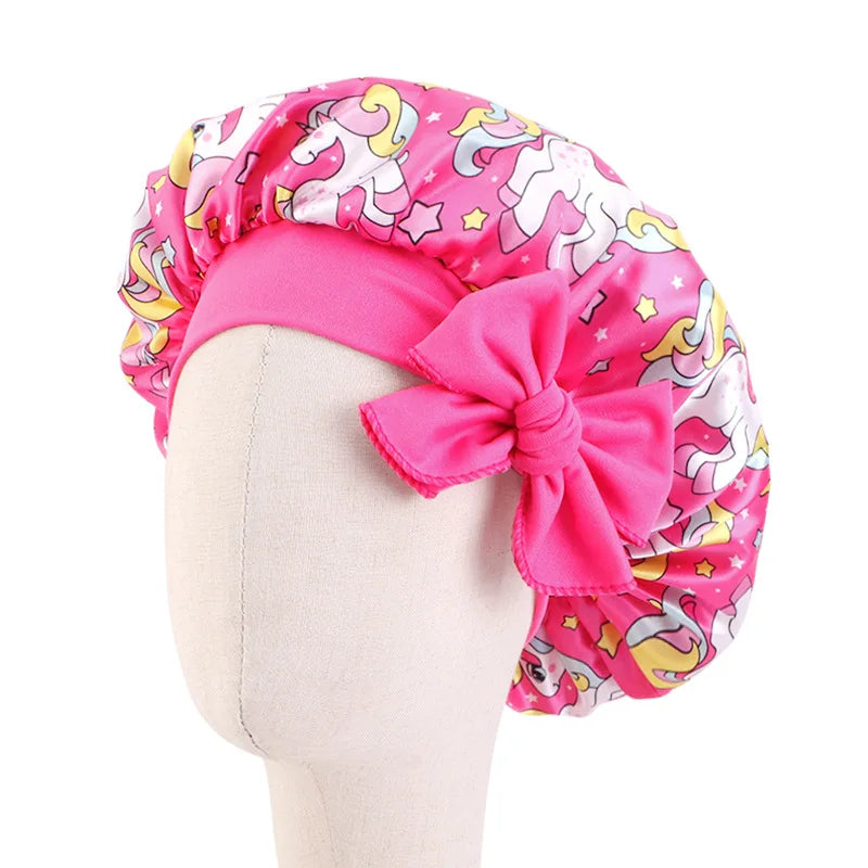 Adjustable Silky Satin Cap  Cartoon Baby Kids Print Satin Bonnet Sleep Hat Cap for Curly Hair