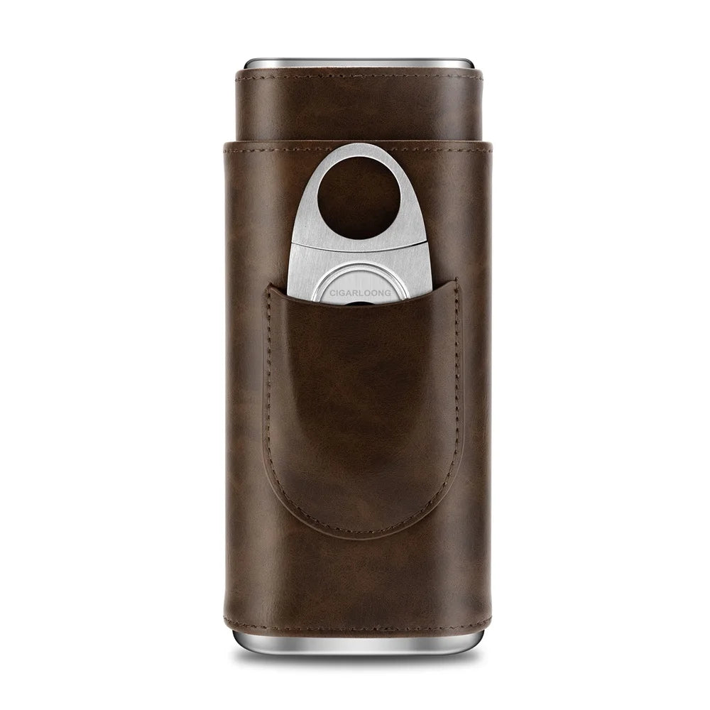 3-pack Cigar Case Luxury Portable Leather Holder Box Storage with Stainless Steel Sharp Cigar Cutter Smoking Accessories CH-24FA
