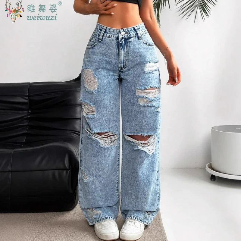 Women's Ripped Boyfriend JEANS Straight Wide-Leg Denim Pants Stretch Holes Denim Trousers Pocket Comfortable High Waist Pants