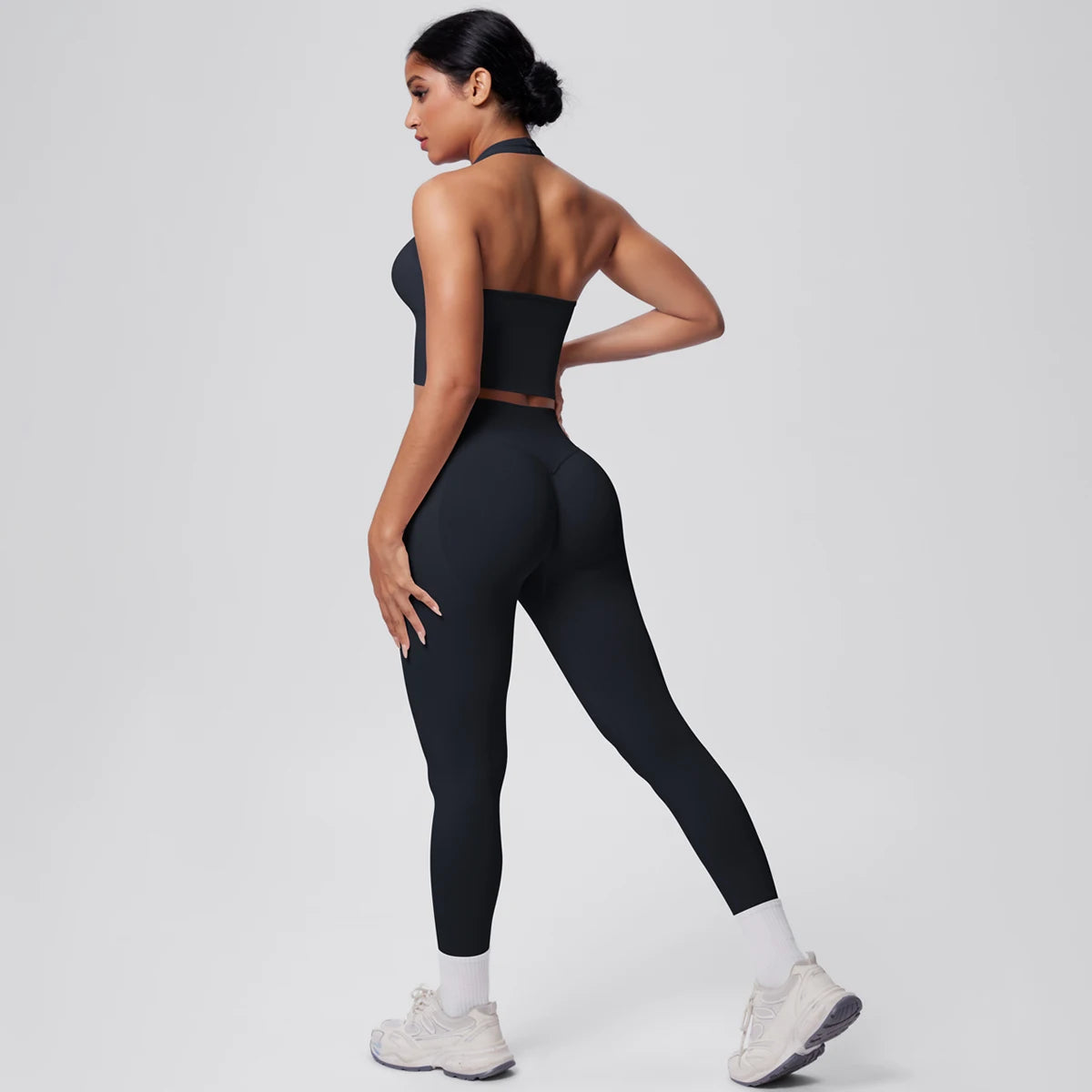 Solid Color Backless Breathable 2pieces Set for Woman High Strength Training Yoga Set Hanging Neck Bra Gym Push Up Fitness Pants