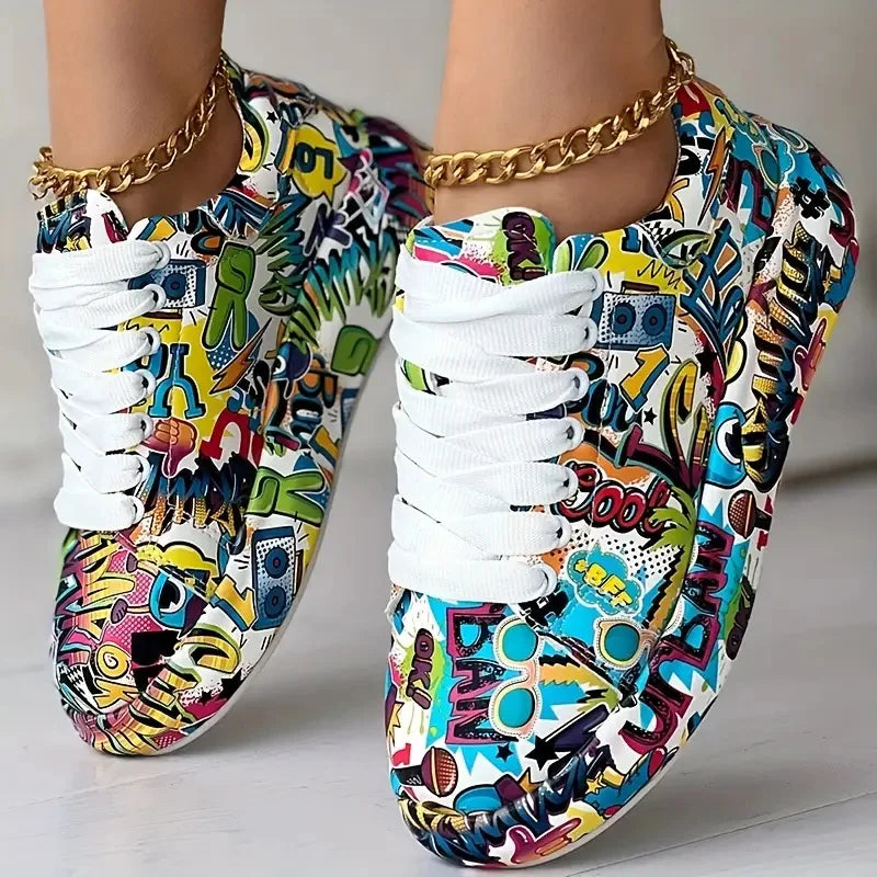 Women Sneakers Thick-soled Shoes 2024 New Summer Hand-painted Graffiti Shoes Outdoor Casual Women Sneakers Zapatos De Mujer