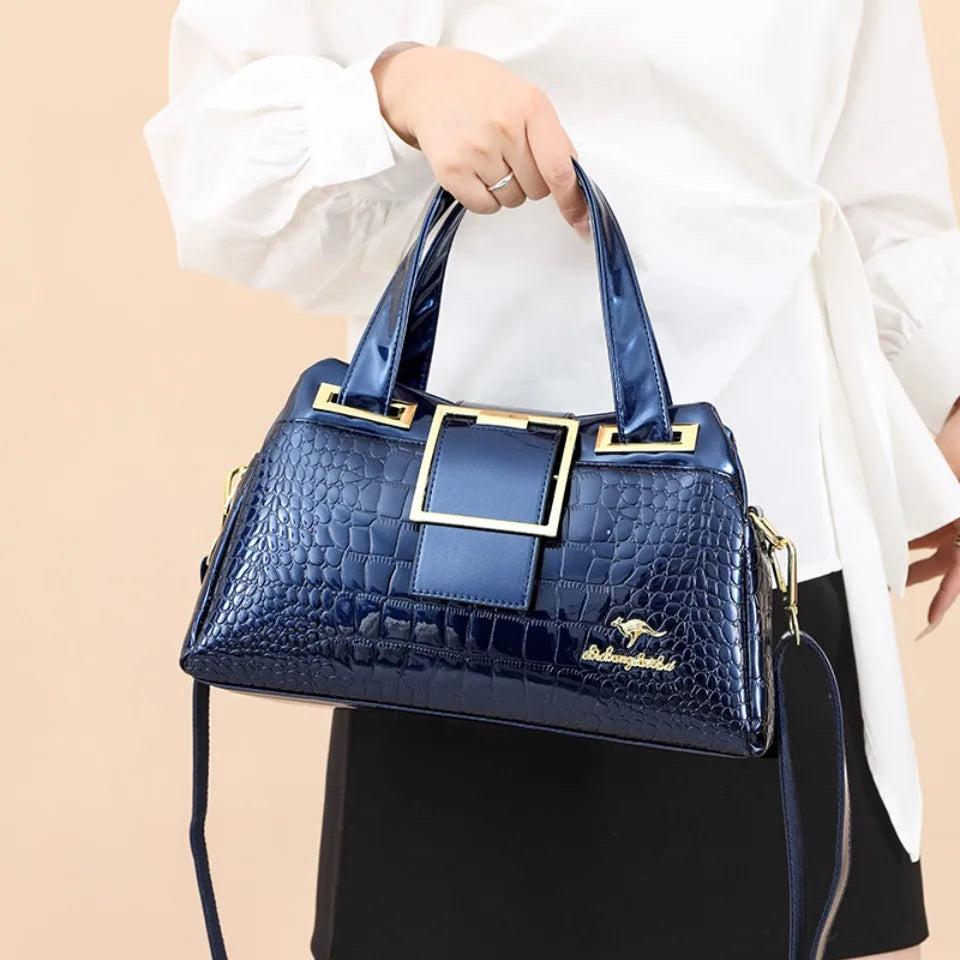 Fashion Elegant Madam Handbag Crocodile Pattern with Lattice Luxury Women Shoulder Tote Bag Two Layers Ladies Bag Big Belt Sac
