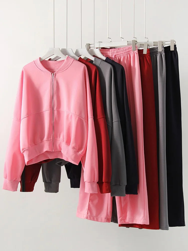 Gray Straight Pants Two Pieces Sets Women Outfit Long Sweatpants Street Wear Zipper Jacket Track Suits Sweatshirt Sets For Women