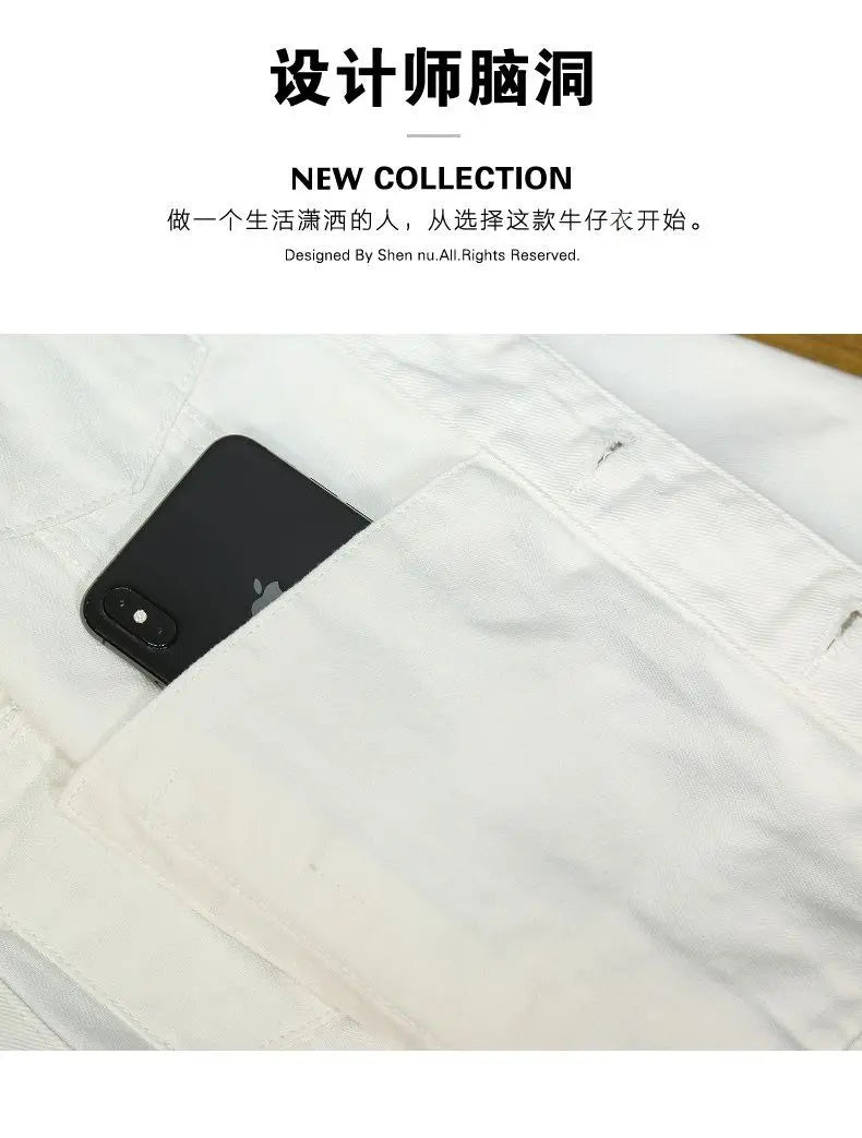 2024 Spring Men Solid Lapel Denim Jackets Fashion Motorcycle Jeans Jackets Hommes Slim Fit Cotton Casual Black White Coats