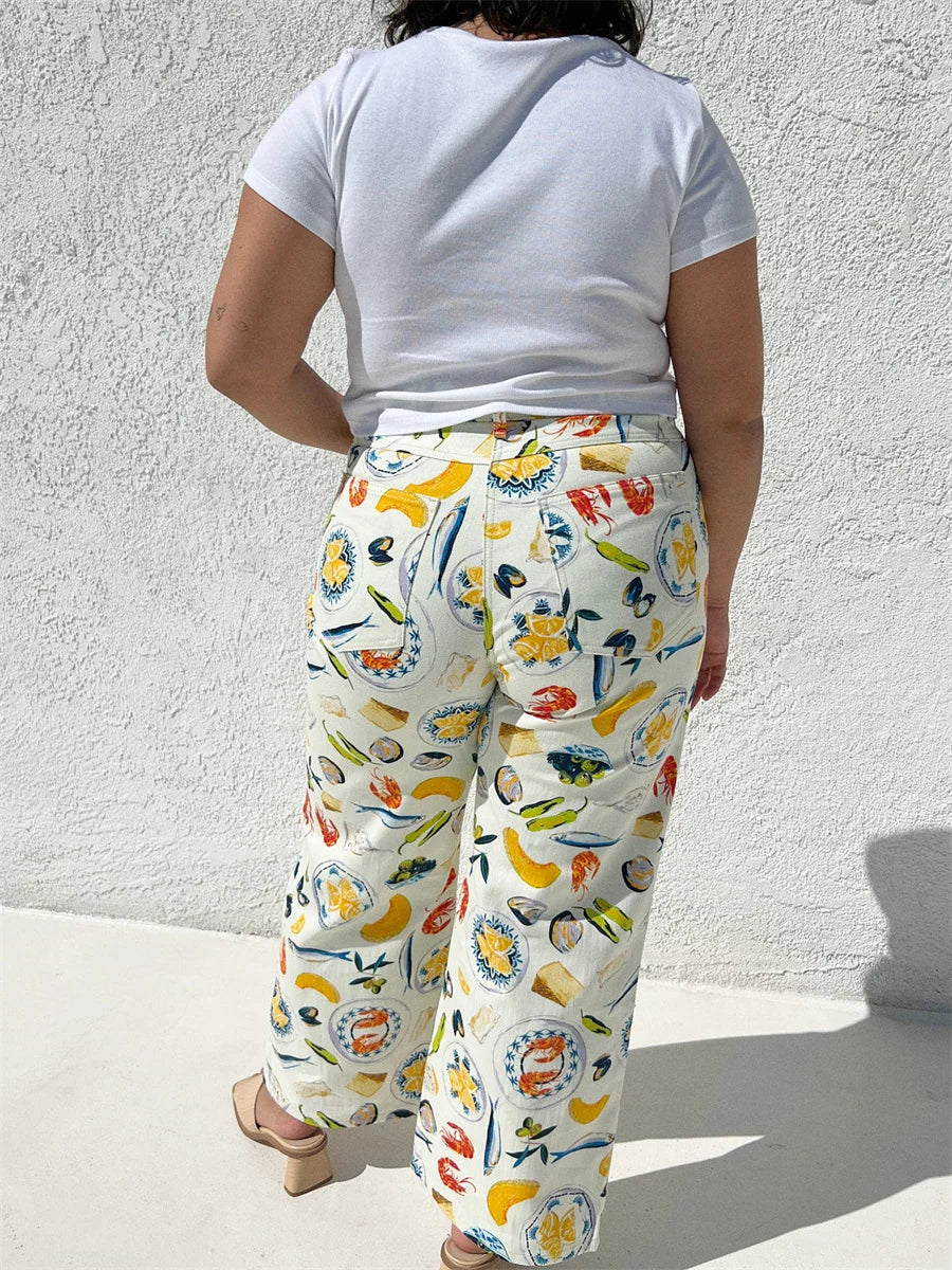 Women Y2k Fruit Print Jeans Pants Graphic Print High Neck Straight Leg Denim Pants Aesthetic Jeans Summer Streetwear