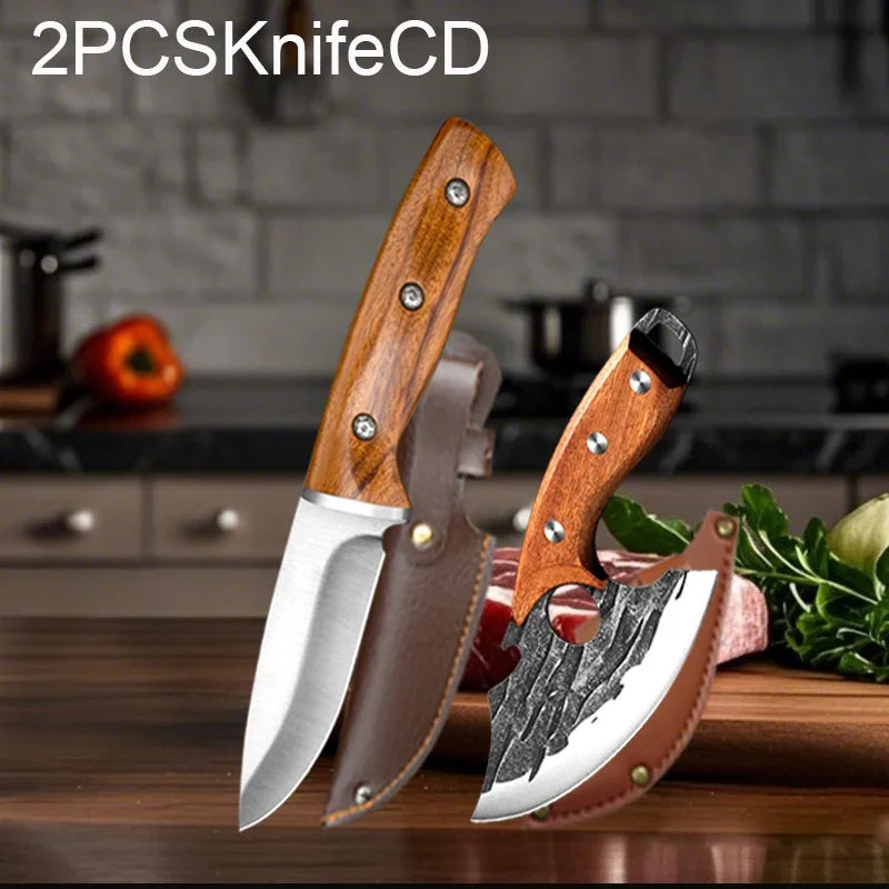 Kitchen Knife Supplies Forged Butcher Knife Fruit Slicing Bottle Opener Knife Multipurpose BBQ Cooking Chef Knife Wood Handle