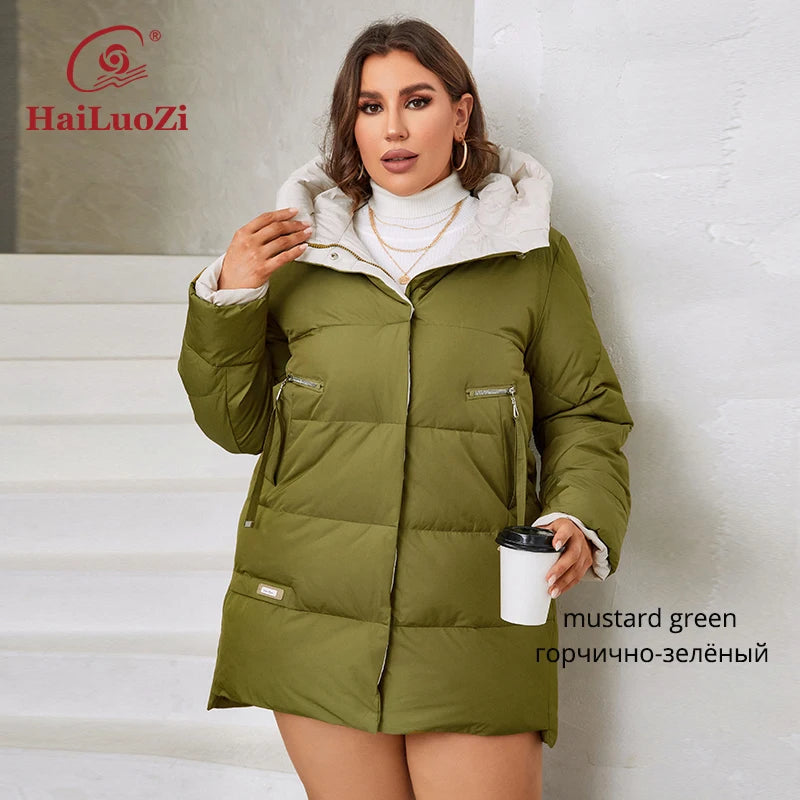 HaiLuoZi 2023 New Plus Size Women Winter Jacket XL-6XL Thick Female Outwear Slant Pockets High-quality Quilted Women's Coat 1115