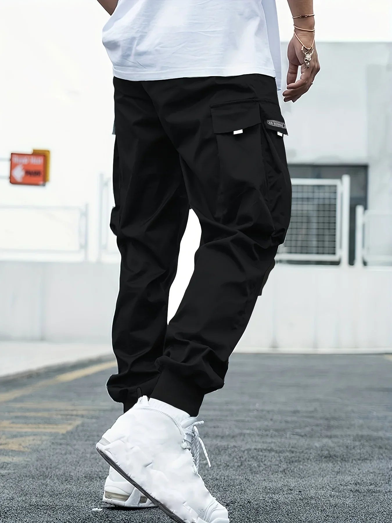 Plus Size Solid Color Spring Summer Men Casual Drawstring Cargo Pants Pockets Black Loose Out Door Elasticity Oversize Pants