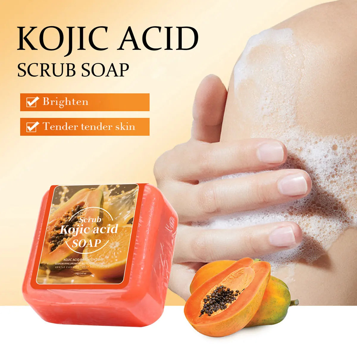 70g Natural Kojic Acid Papaya Soap with Glycerin Deep Cleansing Brighten Skin Sweet Orange Scented Bar for Facial & Body Care