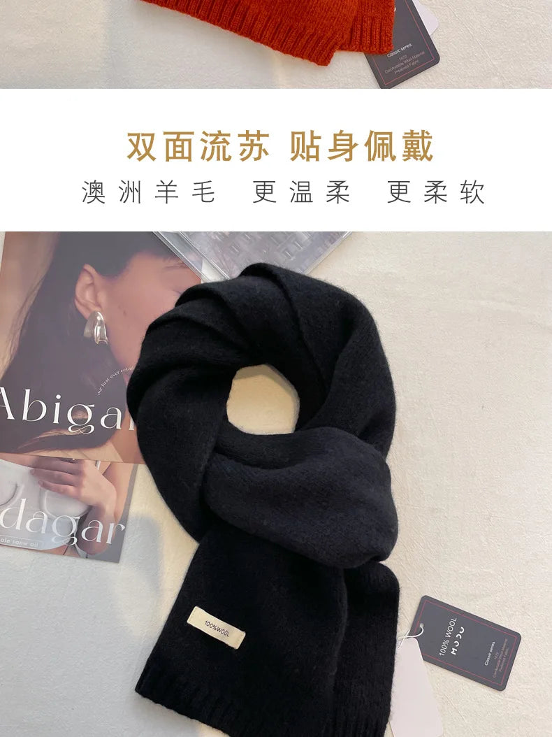 High Quality 100% Wool Scarf Men Women Winter Autumn Solid Color Couple Muffler Simple Warm Versatile Knitted Scarf Male Female