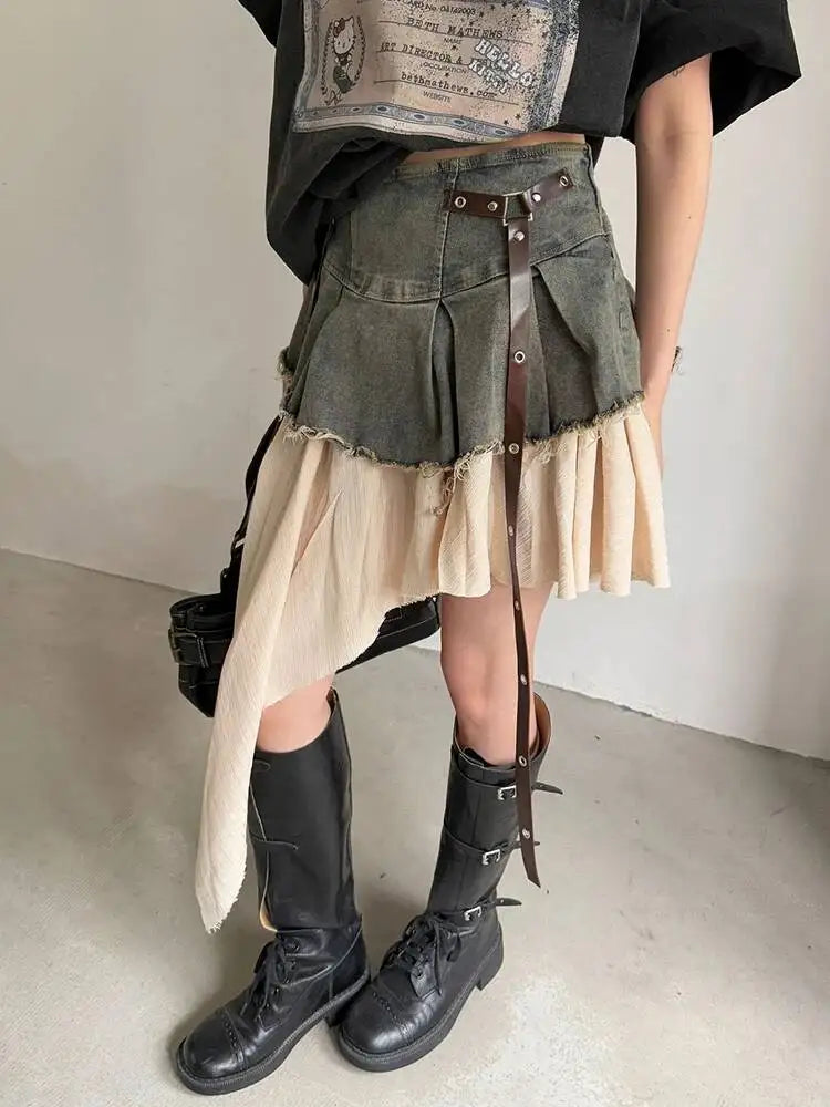 EAM Color-block Irregular Spliced High Elastic Waist A-line Mini Denim Skirt Women Fashion Tide New Spring Autumn 2026 30A3307