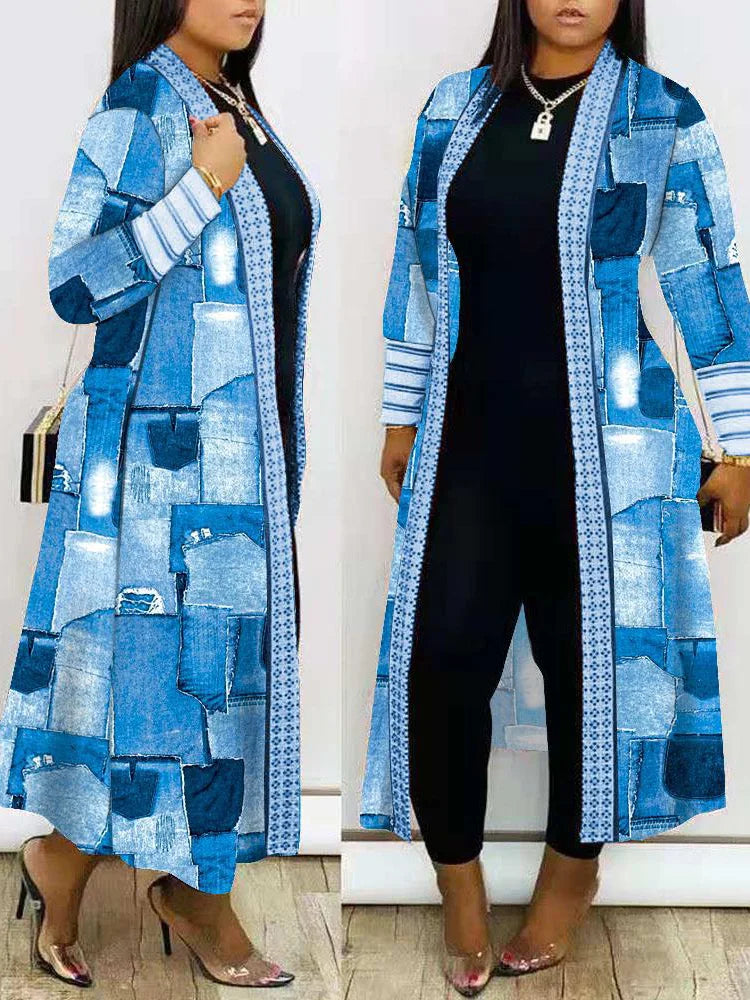 V Neck Casual Loose Female Print Long Outerwear Vintage Patchwork Streetwear Open Stitch Coats Long Sleeve Office Women Jackets
