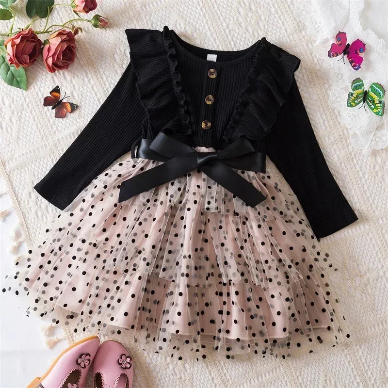 2025 New Kids Dresses for Girls Long Sleeve Fall Dress Polka Dot Birthday Party Costume Autumn Winter Dress Children Clothing
