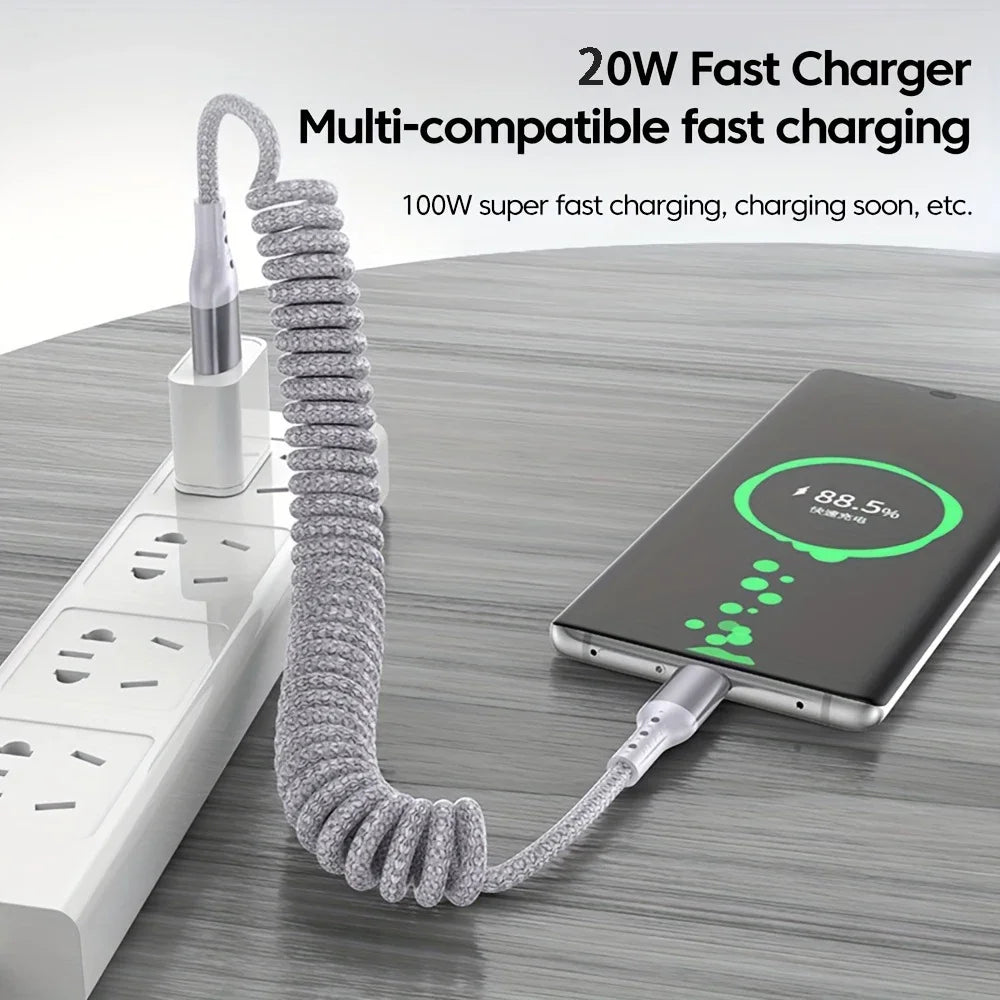 Spring Car Charger Cord 3A Fast Charging USB Cable For iPhone 14 11 12 13 Pro X XS Max 6 7 8 Plus SE iPad Data Wire