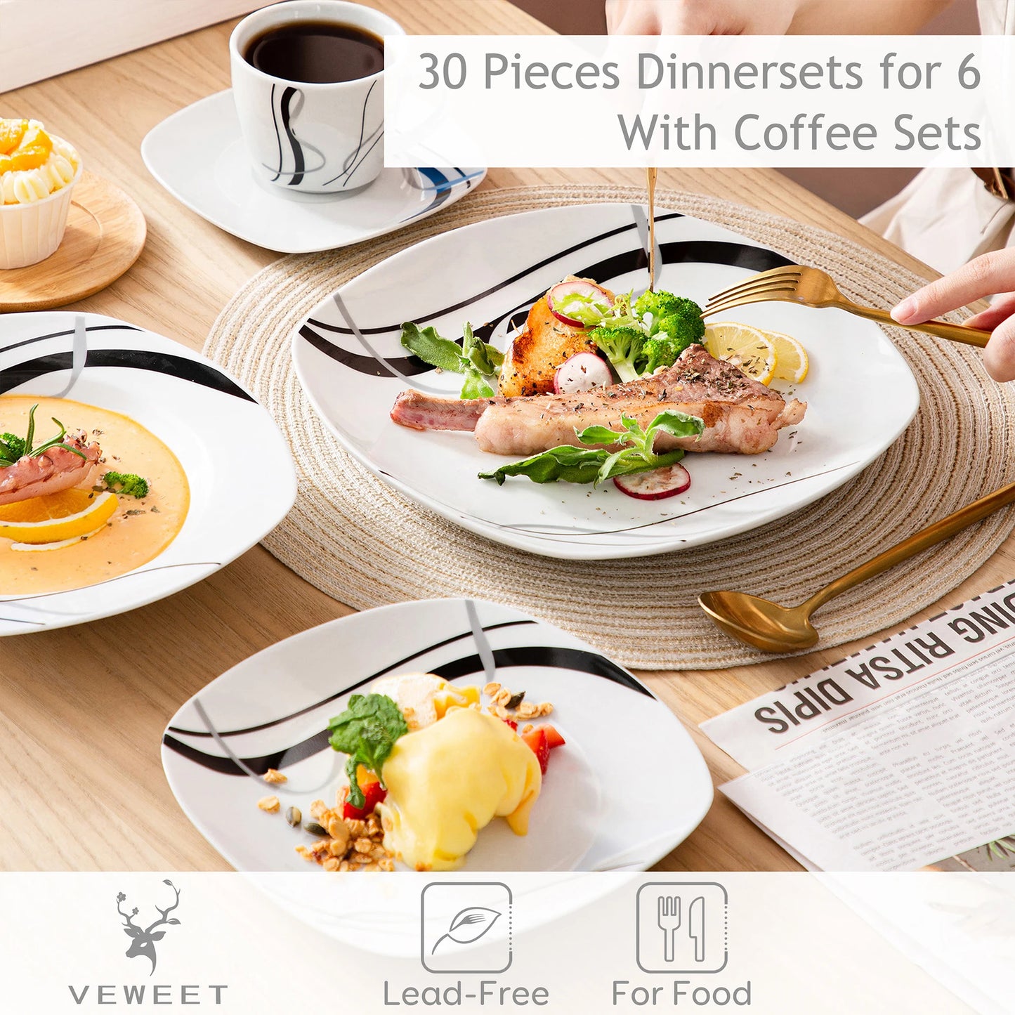 VEWEET FIONA 30/60 Piece Black Lines Porcelain Ceramic Tableware Set with Dessert Plates/Soup Plates/Dinner Plates/Cups/Saucers