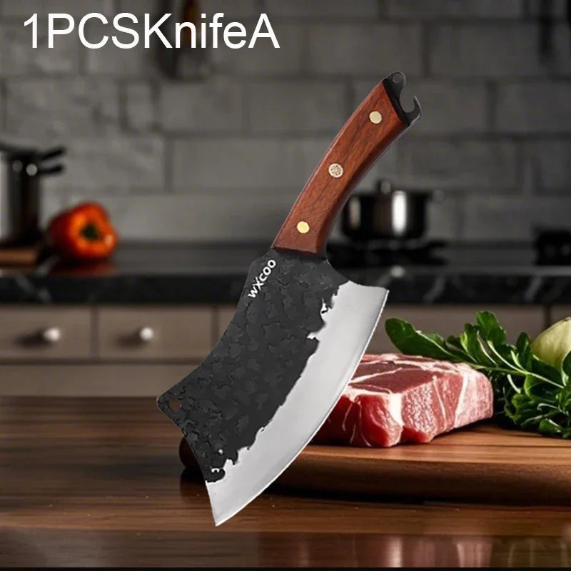 Kitchen Knife Supplies Forged Butcher Knife Fruit Slicing Bottle Opener Knife Multipurpose BBQ Cooking Chef Knife Wood Handle