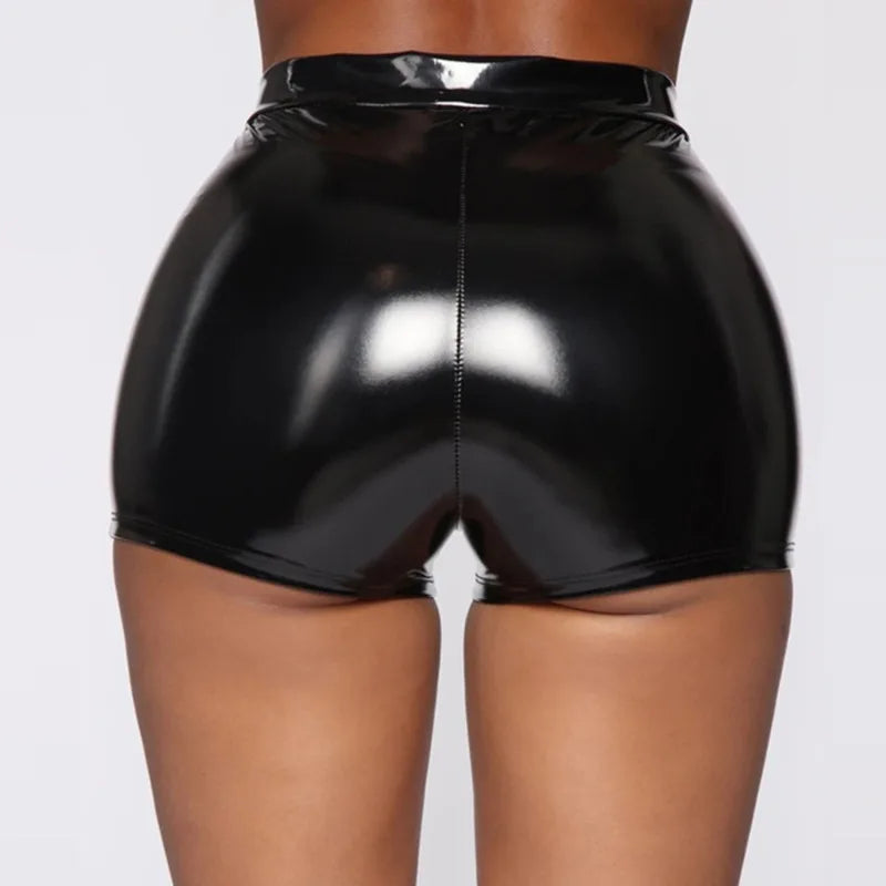 New Sexy Nightclub Costumes Skinny Shorts Women PU Leather Shorts High Waist Solid Button Black Shorts Summer Wet Look Leather