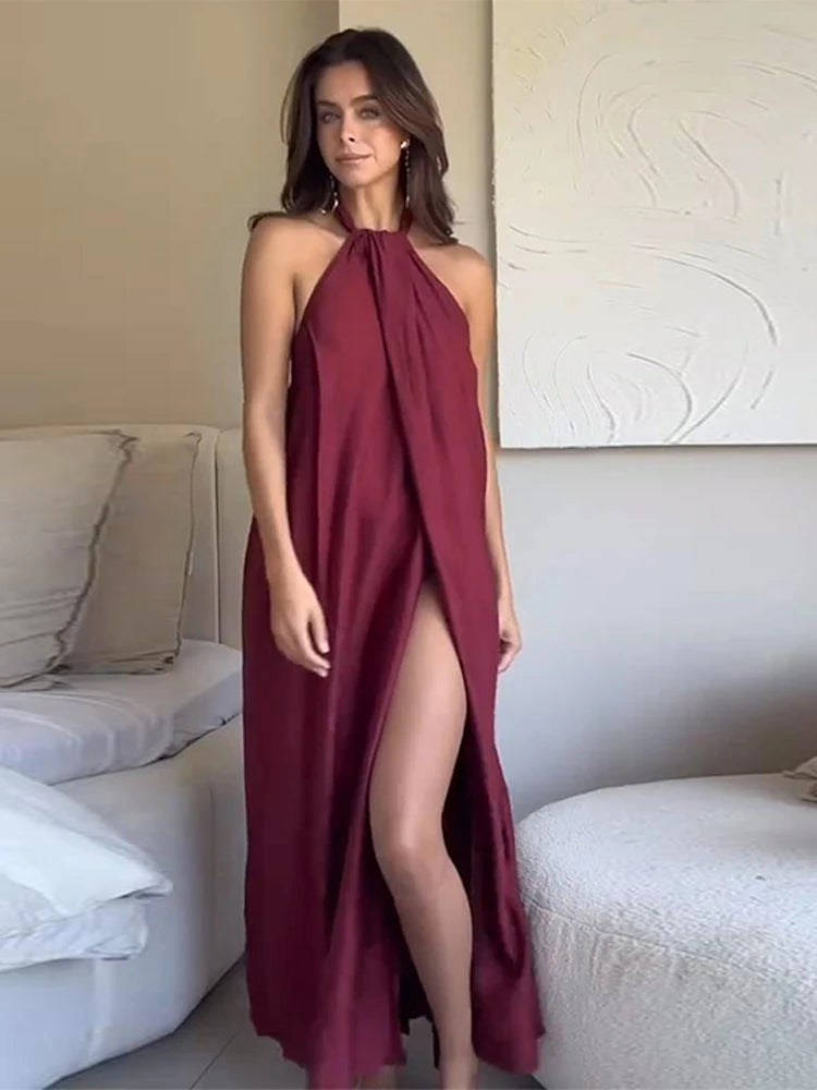 Fashion Women' S Long Dresses Halter Elegant Backless Sleeveless Split Dress Female Summer New Lady Beach Vacation Robes