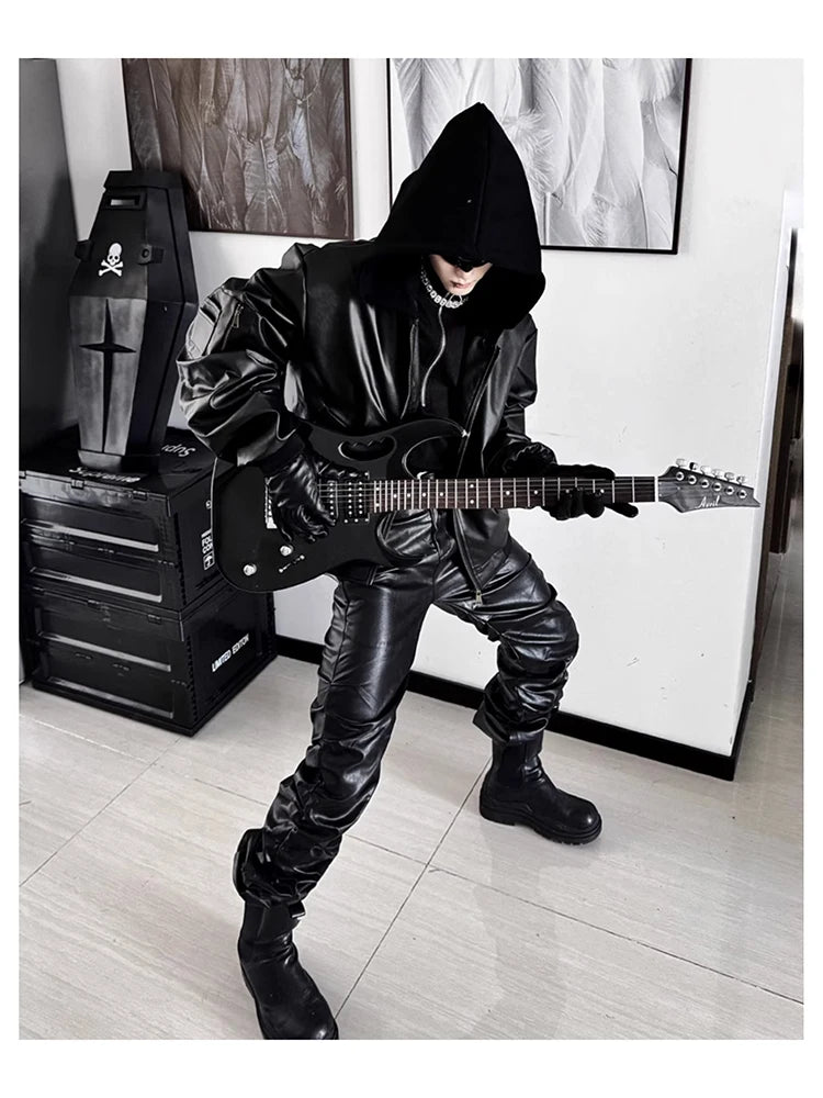 Mauroicardi Spring Autumn Cool Long Ruched Soft Black Pu Leather Stacked Pants for Men Luxury Designer Cyberpunk Rock Clothes