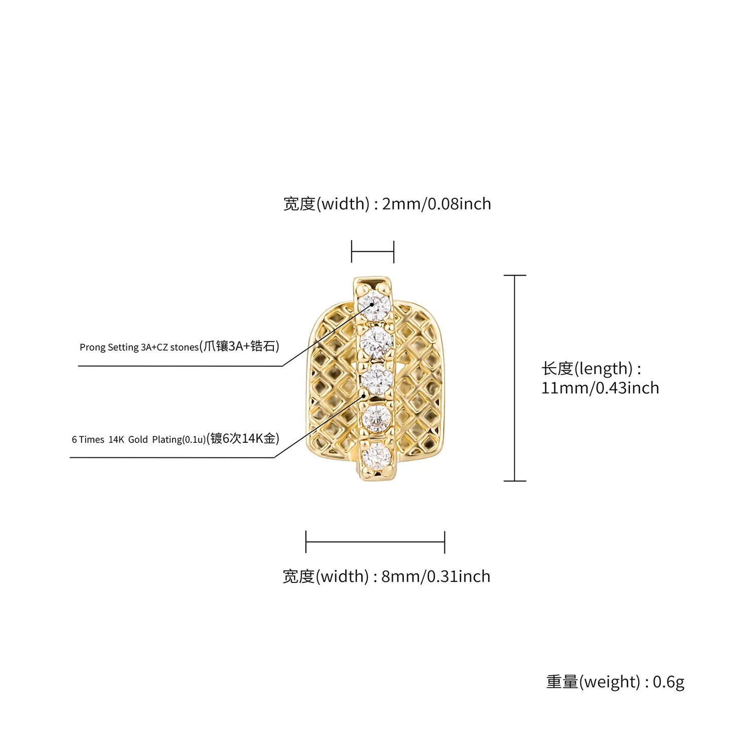 YOUNGX Hip Hop Single Vertical Bar Zircon Teeth Grillz Y2K Vintage CZ Stone Tooth Caps For Women Men Jewelry Dental Grills