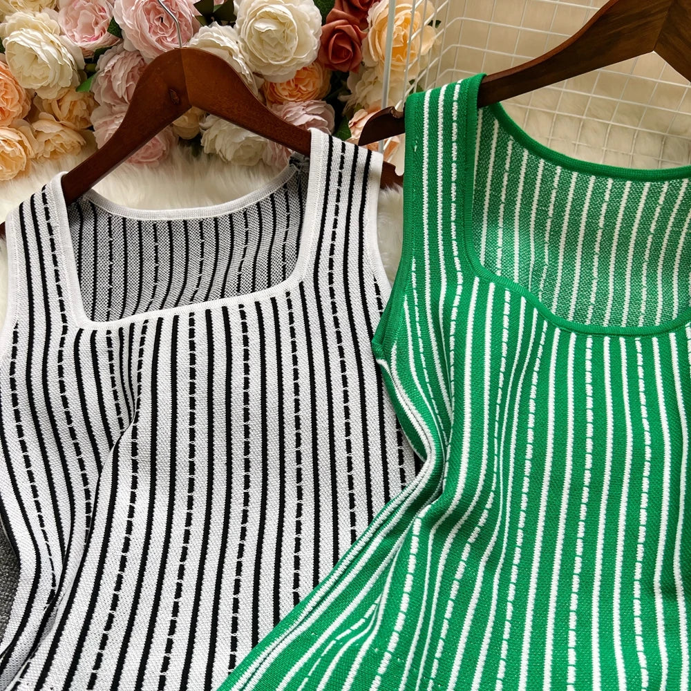 YuooMuoo Chic Fashion Sexy Slim Waist Knitted Short Dress Ins Hot 2025 Women Y2K Vertical Stripes Summer Dress Party Vestidos