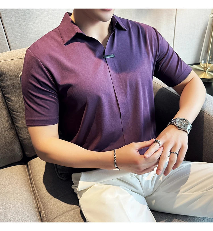 Luxury Purple Polo Shirts For Men High Quality Summer Short Sleeve Men's Polos Ice Silk Elastic Slim Fit Turn Down Collar Tees