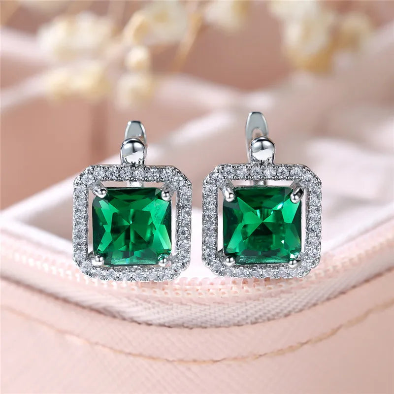 Female Luxury Green Square Zircon Stone Clip Earrings Charm Silver Color Wedding Jewelry For Women
