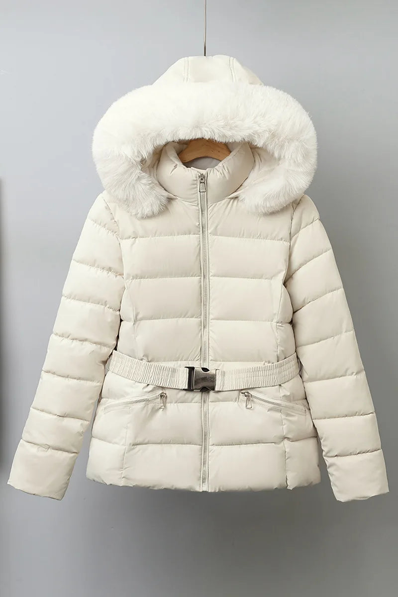 Winter Large Fur Coat Women With Belt Hooded Fur Collar Puffer Jacket Women New Warm Loose Parka Ladies Cotton Padded Overwear
