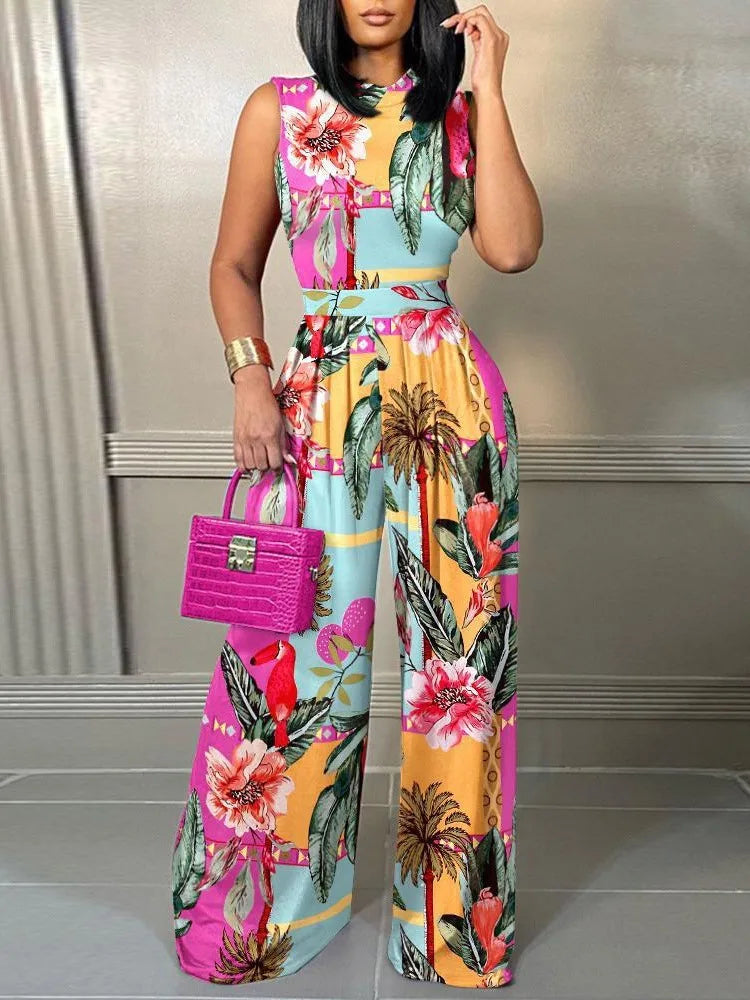 Elegant Women's Wide-leg Long Jumpsuit Spring And Summer Fashion Printed Sleeveless Casual Mid-waist Straight Jumpsuit Trousers