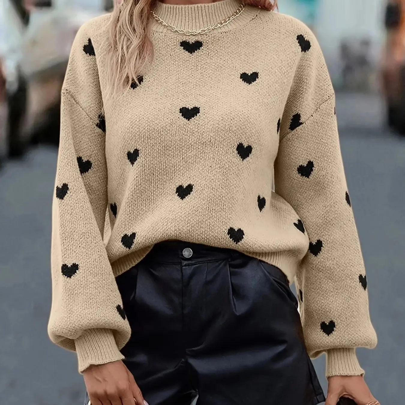 Cute Black Heart Graphic Sweater Drop Shoulder Long Sleeve Casual Sweater For Fall  Winter  Women's Clothing